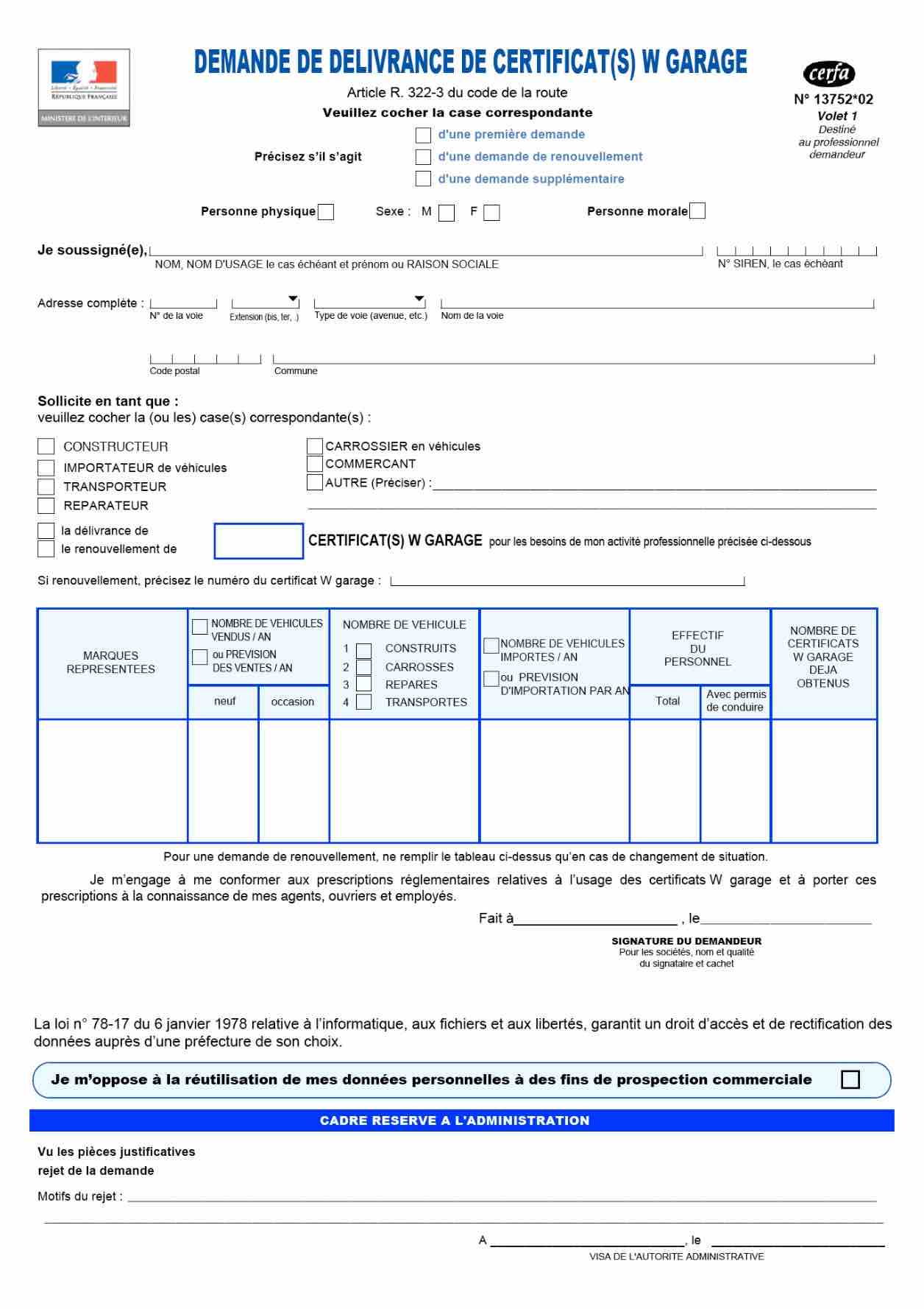 CERFA 13752*02 : Formulaire de délivrance de certificat(s) w garage